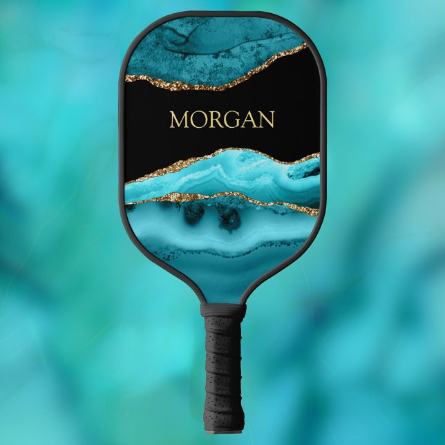 Gold & Teal Agate, Gold Name on Black Pickleball Paddle (Creator Uploaded)