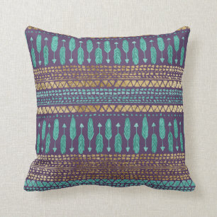 Gold Teal and Purple Arrows Tribal Aztec Pattern Throw Pillow