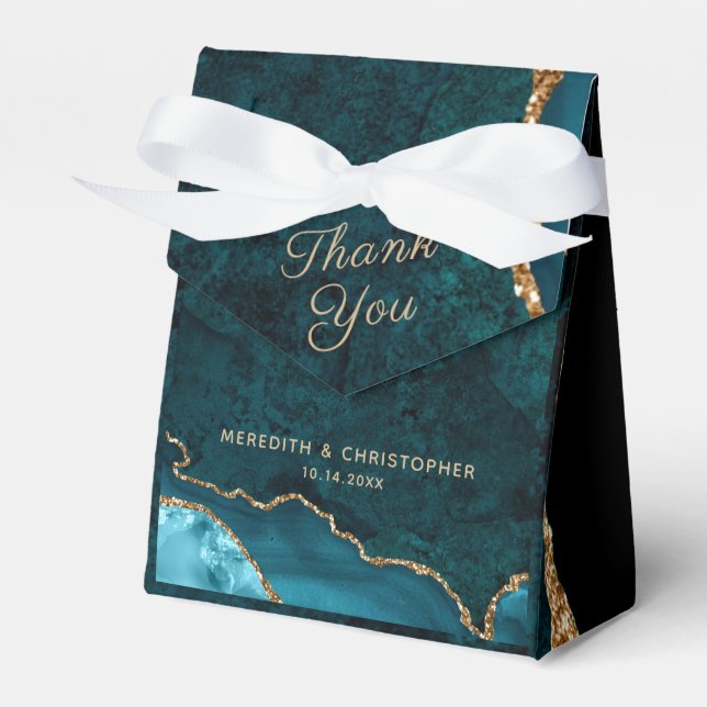 Gold Teal Aqua Agate Wedding Favor Box (Front Side)