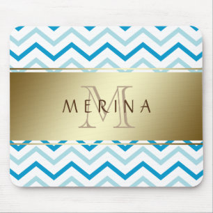 Gold Teal Beach Chevron Pattern Monogram Mouse Pad
