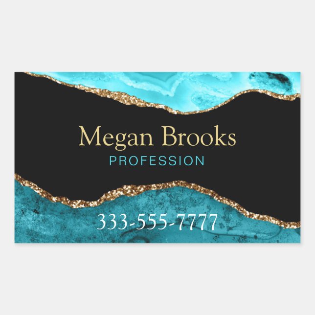 Gold Teal Black Agate, Name, Occupation Phone Rect Sticker (Front)