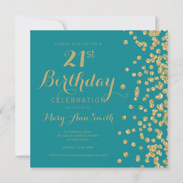 Gold Teal Blue 21st Birthday Glitter Confetti Invitation (Front)