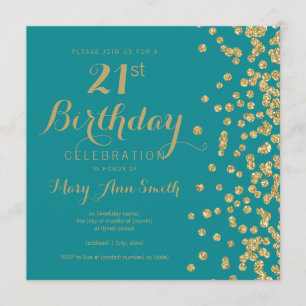 Gold Teal Blue 21st Birthday Glitter Confetti Invitation