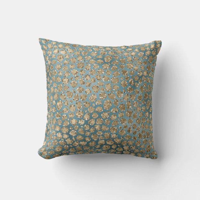 Gold Teal Blue Green Glitzy Leopard Print        Throw Pillow (Front)