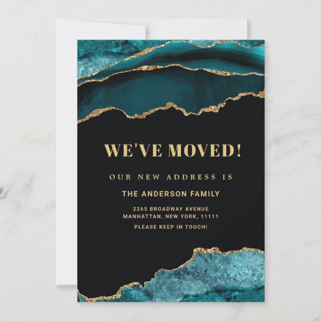 Gold & Teal Blue Marble New Address Moving Announcement (Front)