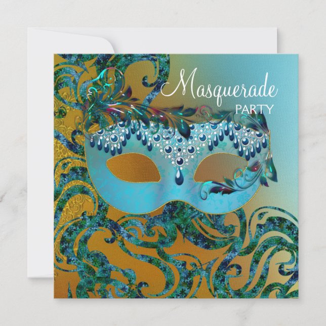 Gold Teal Blue Masquerade Party Invitations (Front)
