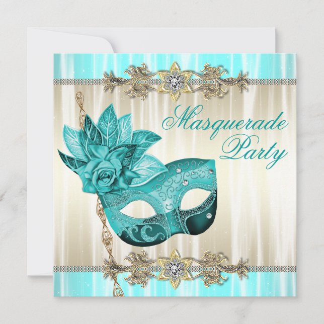 Gold Teal Blue Masquerade Party Invitations (Front)
