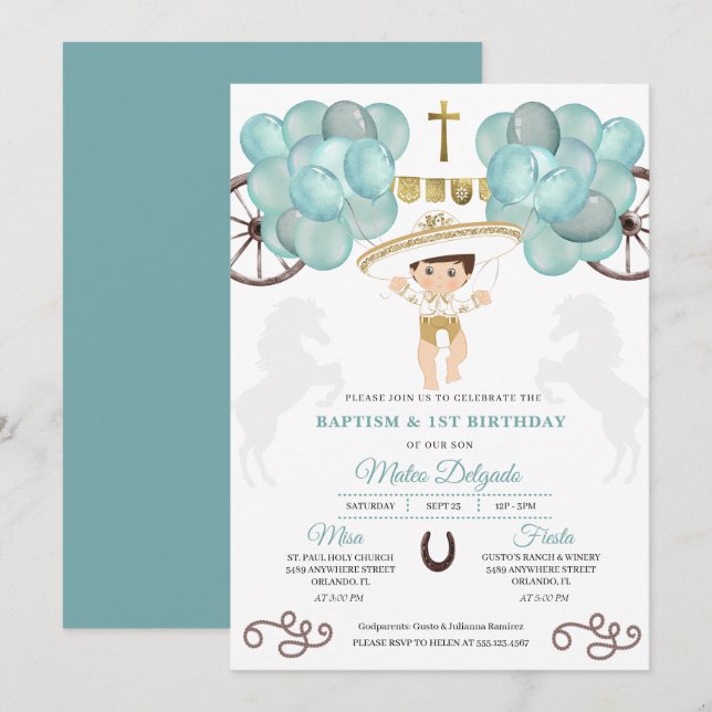 Gold & Teal Blue Mexican Baby Boy Charro Baptism Invitation (Front/Back)