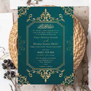 Gold & Teal Blue Ornament Vintage Islamic Wedding Invitation