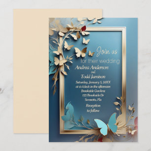 Gold teal branches, leaves, butterflies wedding invitation