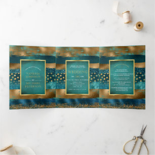 Gold, teal brush strokes, confetti wedding program Tri-Fold invitation