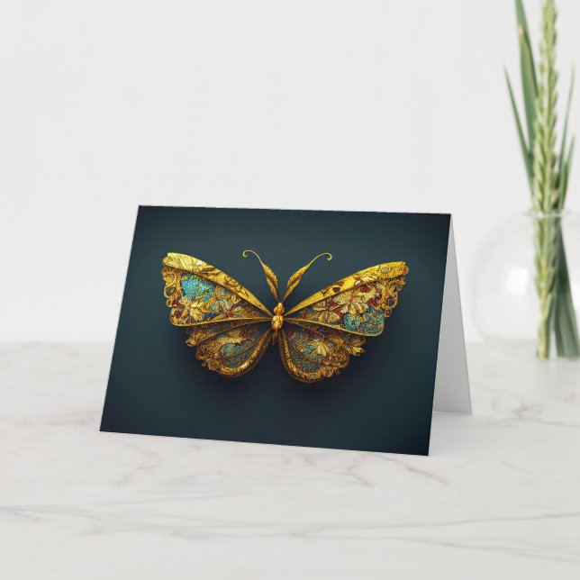 Gold & Teal Butterfly Birthday Greeting Card (Front)