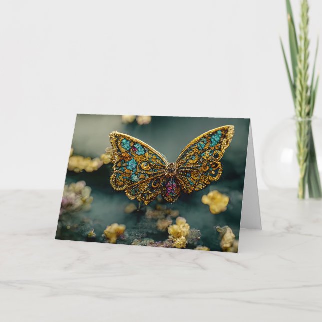 Gold & Teal Butterfly Birthday Greeting Card (Front)