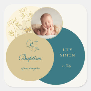 Gold teal christening Baptism Square Sticker