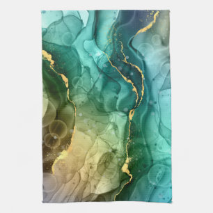 Gold, Teal & Dark Grey Liquid Ink Kitchen Towel