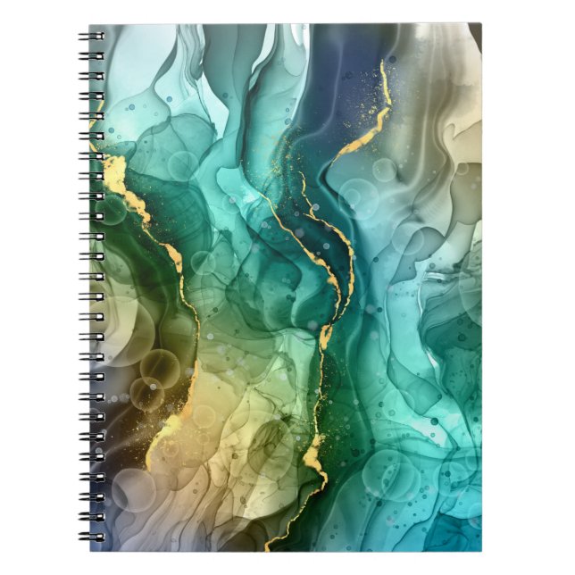 Gold, Teal & Dark Grey Liquid Ink Notebook (Front)