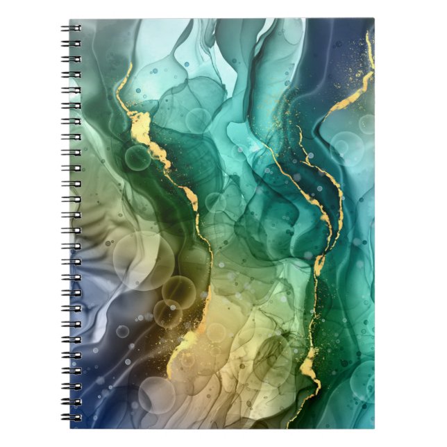 Gold, Teal & Dark Grey Liquid Ink Notebook (Front)