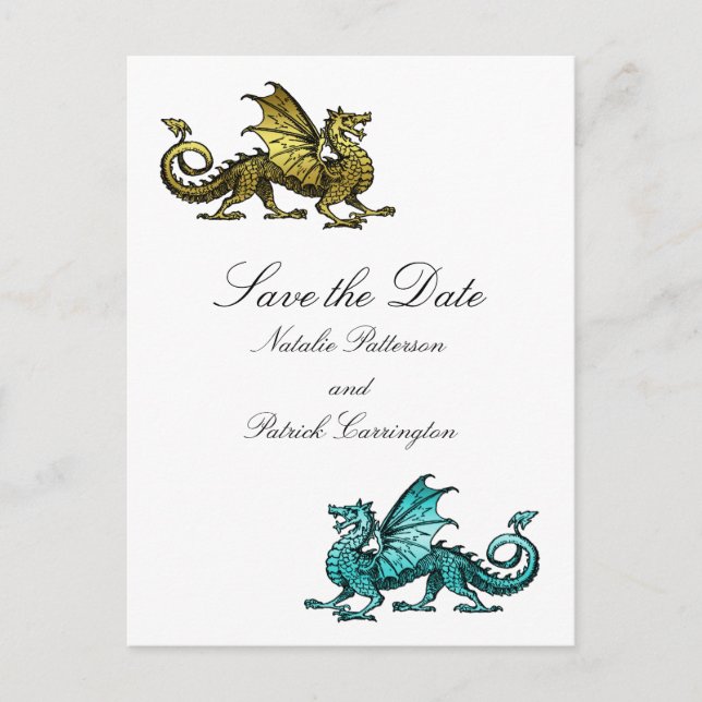 Gold Teal Dragon Save the Date Postcard (Front)