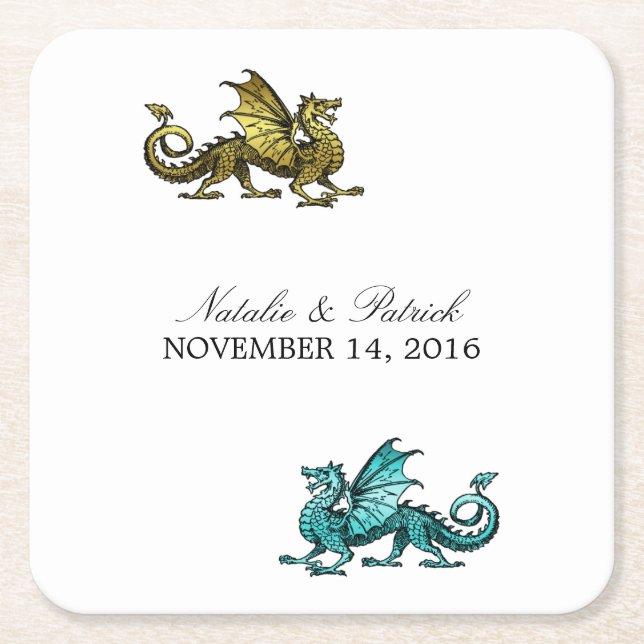 Gold Teal Dragon Wedding Paper Coasters (Front)