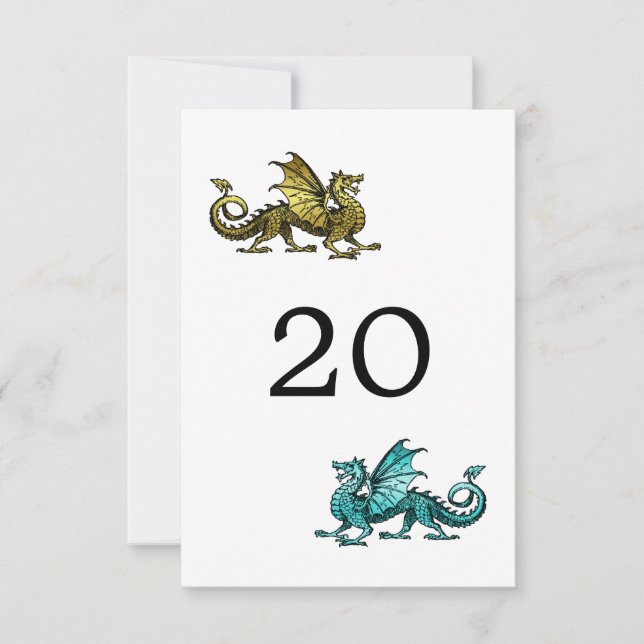 Gold Teal Dragon Wedding Table Card (Front)