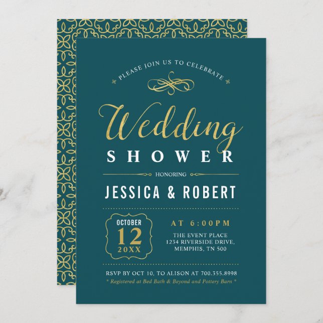 Gold & Teal | Elegant Couples Wedding Shower Invitation (Front/Back)