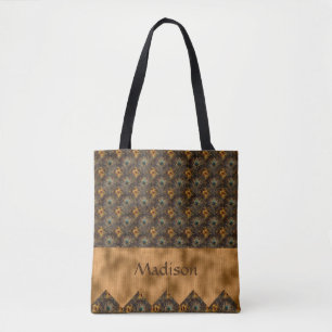 Gold Teal Elegant Peacock Pretty Name Personalized Tote Bag
