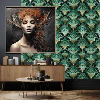 Gold Teal Emerald Green Art Deco Wallpaper