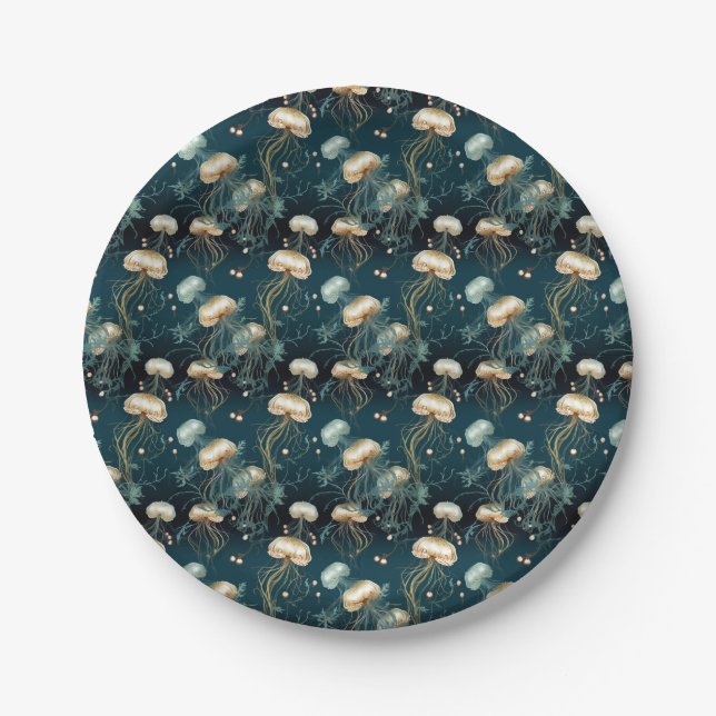 Gold & Teal Ethereal Jellyfish  Paper Plate (Front)