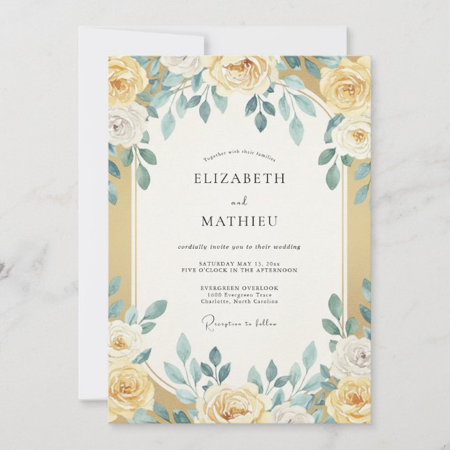 Gold Teal Eucalyptus Wedding Invitation (Front)