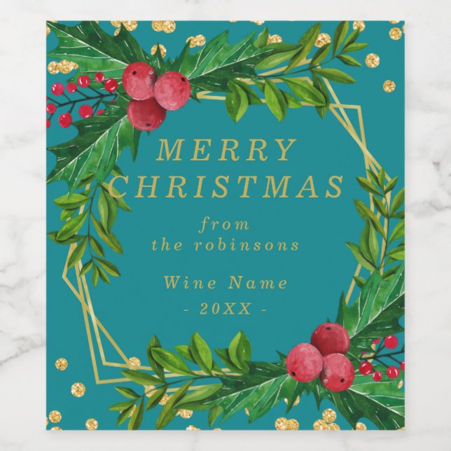 Gold Teal Family Merry Christmas Holly Glitter Wine Label (Single Label)