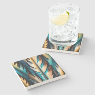 Gold & Teal Feather Art Stone Coaster