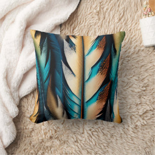 Gold & Teal Feather Art Throw Pillow