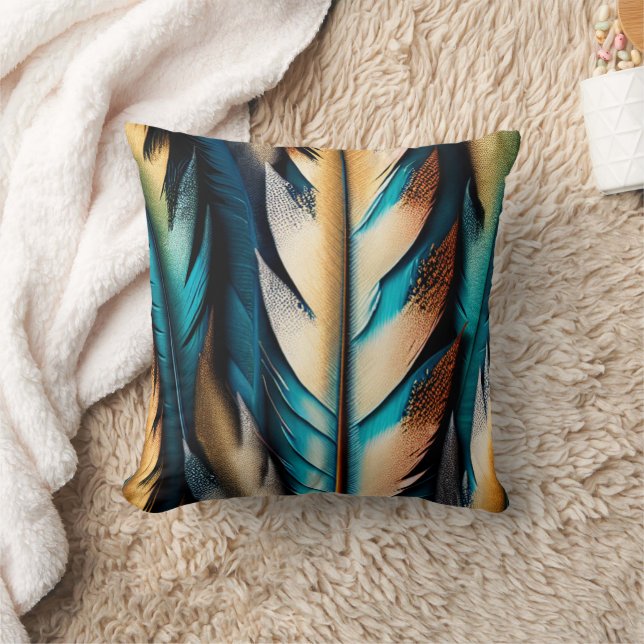 Gold & Teal Feather Art Throw Pillow (Blanket)