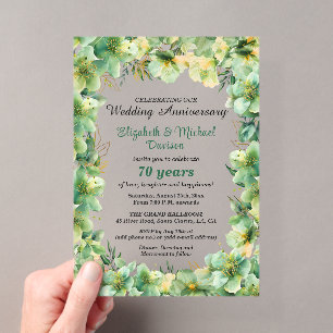 Gold Teal Floral 70th Wedding Anniversary Acrylic Invitations