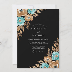 Gold Teal Floral Autumn Wedding Invitation