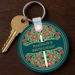 Gold Teal Floral Bridesmaid Royal Wedding Gift Keychain