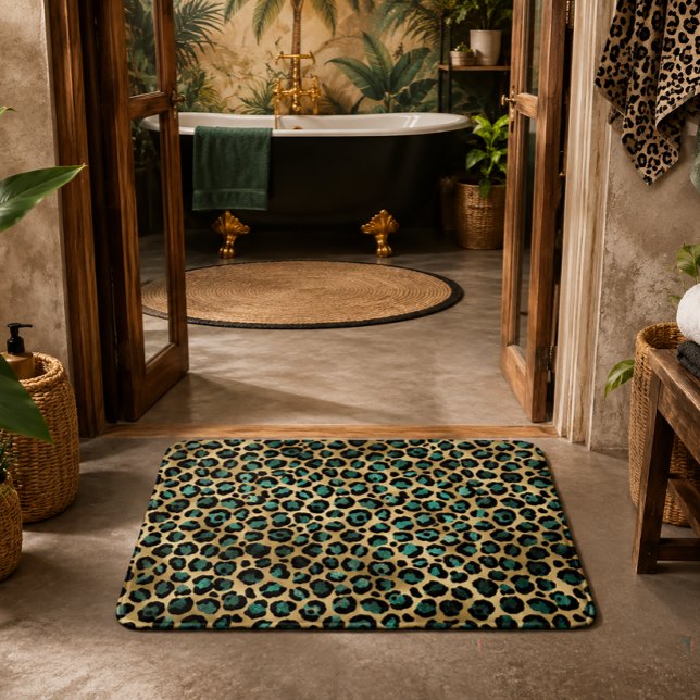 Gold & Teal Glam Leopard Print Bath Mat (Creator Uploaded)