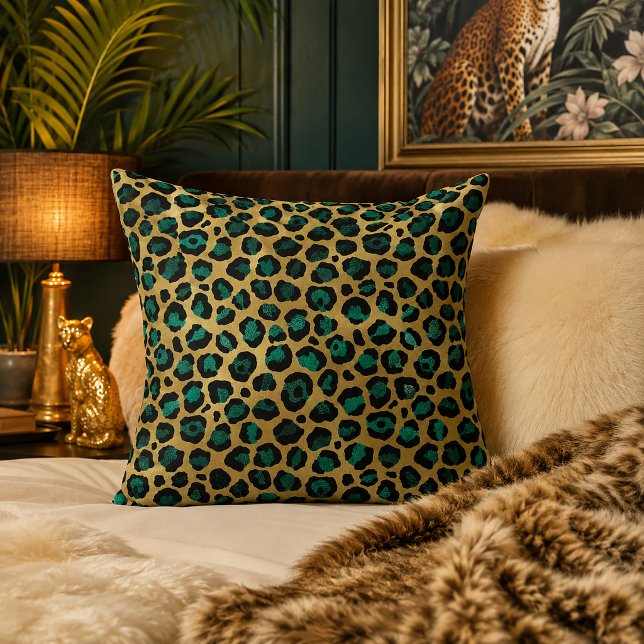 Gold & Teal Glam Leopard Print Throw Pillow (Creator Uploaded)