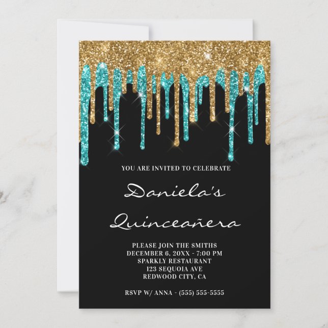 Gold Teal Glitter Drips Black Quinceañera Invitation (Front)