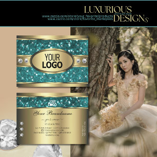 Gold Teal Glitter Luminous Stars Diamonds and Logo Business Card