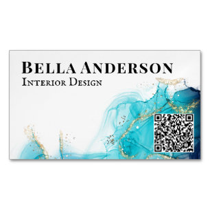 Gold Teal Ink Minimalist Custom QR Code  Magnetic Business Card
