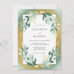 Gold Teal Leafy Wedding Invitation