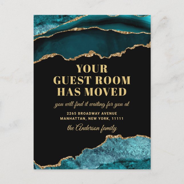 Gold Teal Marble New Address Moving Announcement Postcard (Front)
