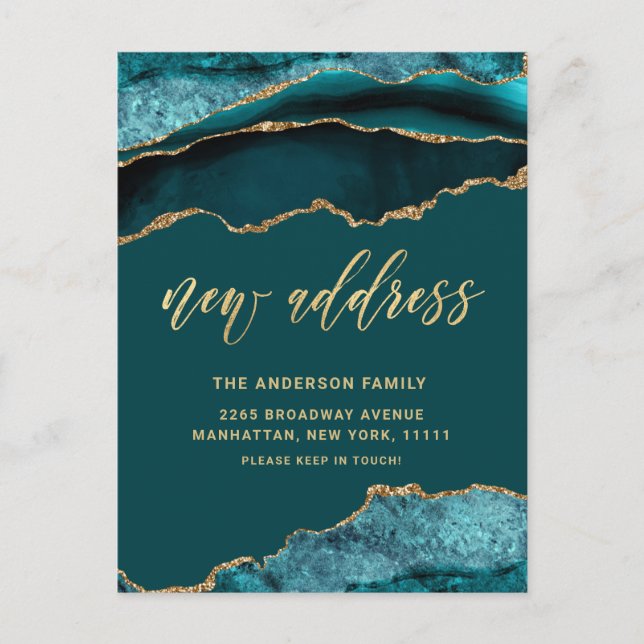 Gold Teal Marble New Address Moving Announcement Postcard (Front)