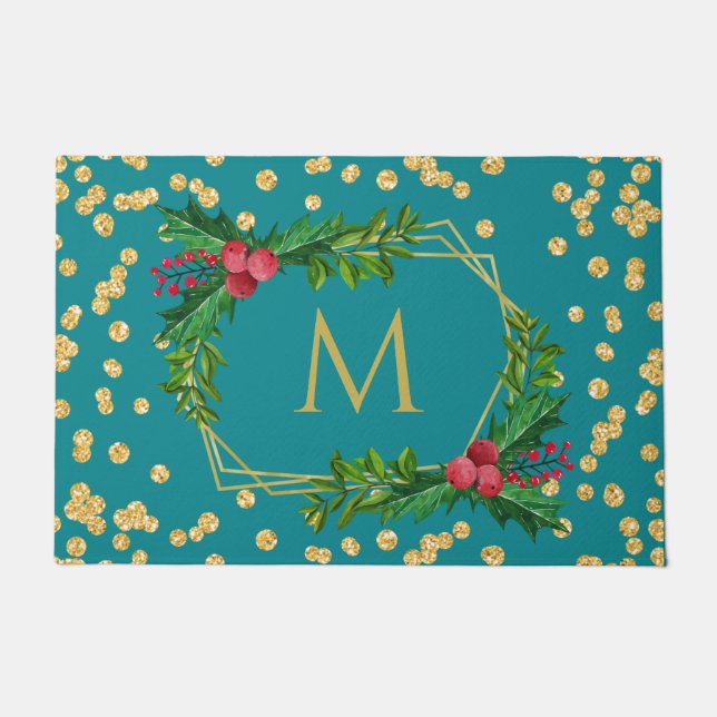 Gold Teal Monogram Merry Christmas Holly Glitter Doormat (Front)