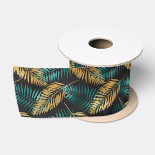 Gold Teal Palm Leaves   Luxe Tropical Pattern Satin Ribbon