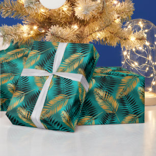Gold Teal Palm Leaves   Luxe Tropical Pattern Wrapping Paper