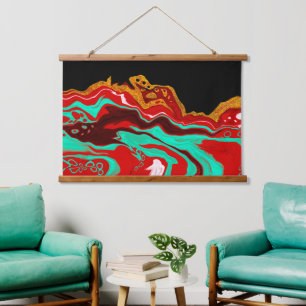 Gold, Teal, Red and Black Fluid Art Hanging Tapestry