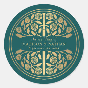Gold Teal Royal Medieval Sword Wedding  Classic Round Sticker