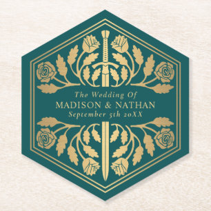 Gold Teal Royal Medieval Sword Wedding Paper Coaster